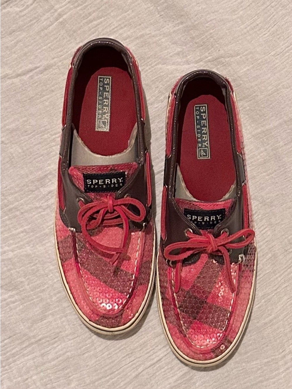 Sperry Women’s Bahama Pink and Grey Plaid Sequin Boat Shoes